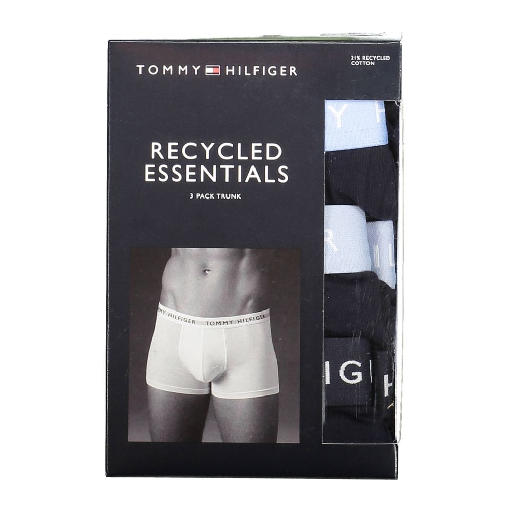 Tommy Hilfiger Black Cotton Men Boxer Trio Pack with eco-friendly recycled essentials, featuring iconic elastic waistband.