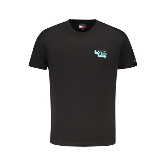 Tommy Hilfiger Black Cotton Men T-Shirt showcasing a sustainable, stylish crew neck design with logo detail. Premium cotton, bold fashion statement.