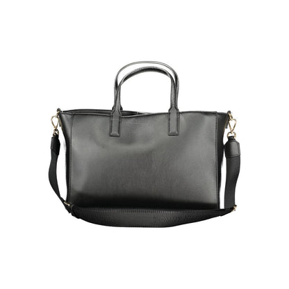 Tommy Hilfiger Black Polyester Women Handbag with removable shoulder strap and two handles, featuring eco-friendly design.