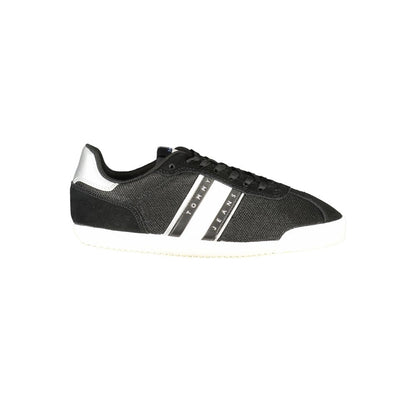 Tommy Hilfiger Black Polyester Women Sneaker with eco-friendly design and iconic logo, showcasing bold sophistication in black.