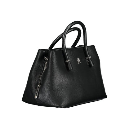 Tommy Hilfiger Black Polyethylene Handbag with adjustable strap, zip closure, external pockets, and logo detail.
