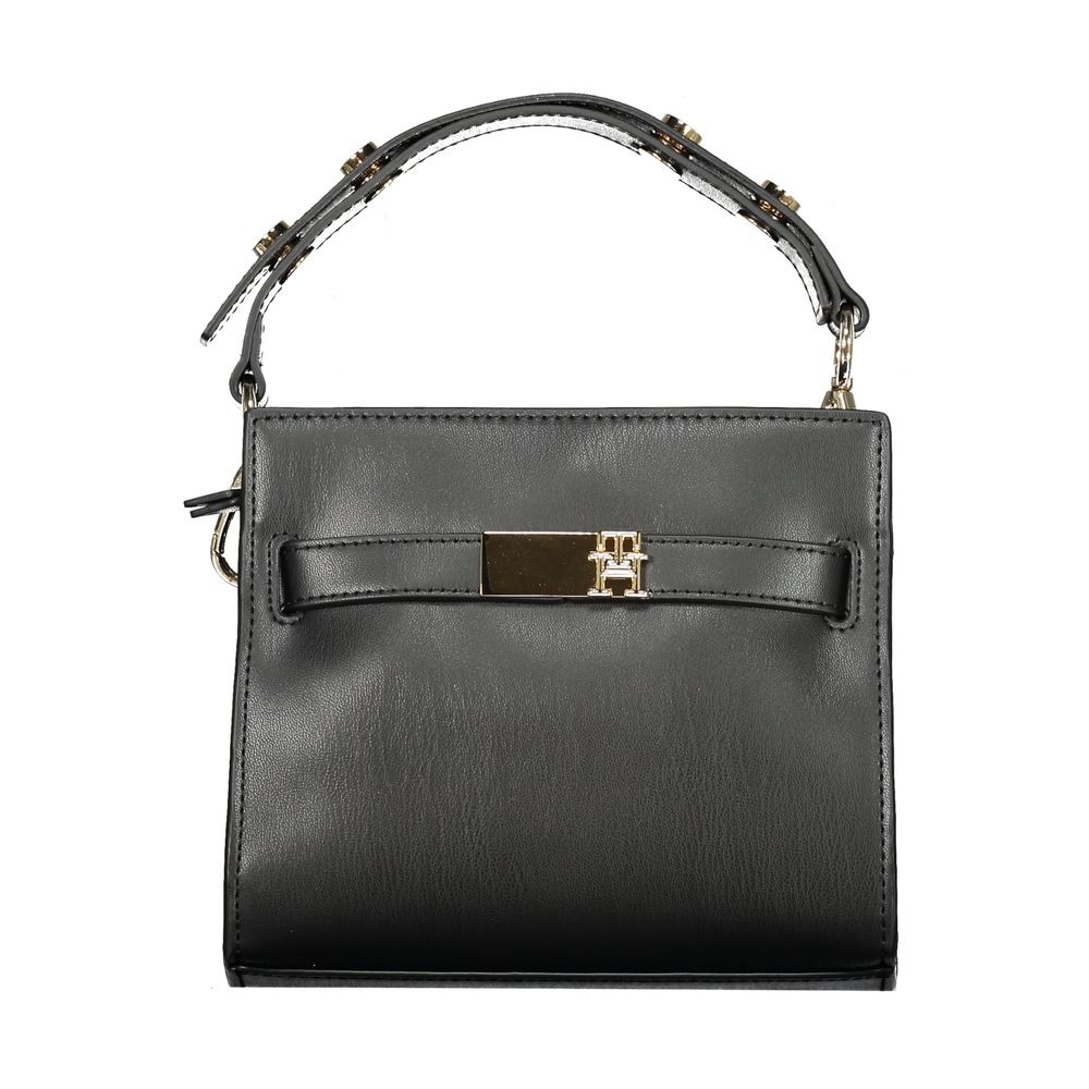 Tommy Hilfiger Black Polyethylene Women Handbag with adjustable handle and sleek shoulder strap, dual compartments, and central pocket.