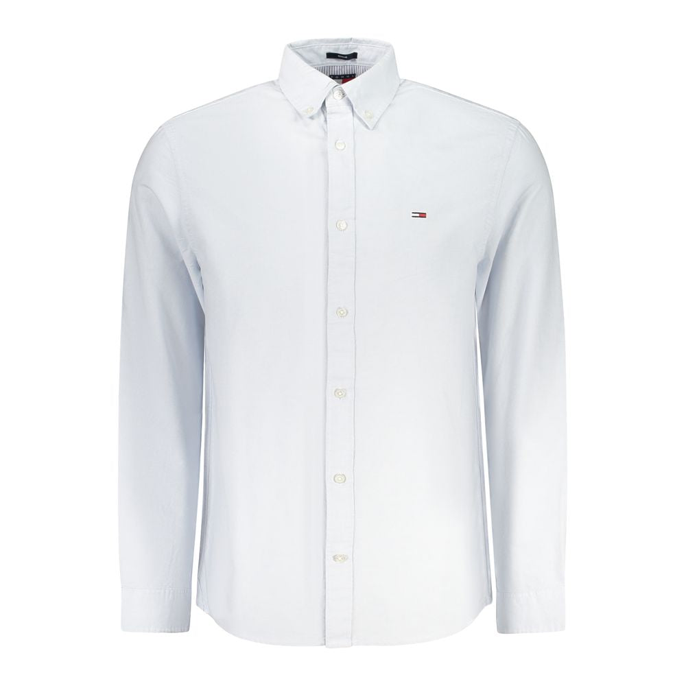 Tommy Hilfiger Blue Cotton Men Shirt with button-down collar and Tommy Hilfiger embroidery, showcasing classic sophistication.