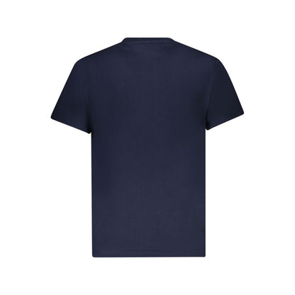 Back view of Tommy Hilfiger Blue Cotton Men T-Shirt, showcasing sustainable material and simple design.