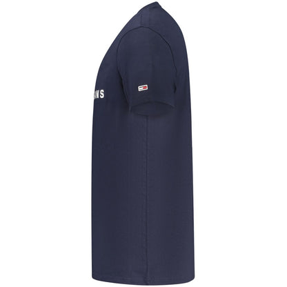 Side view of Tommy Hilfiger Blue Cotton Men T-Shirt featuring signature logo and crew neck, made from 95% regenerative cotton.