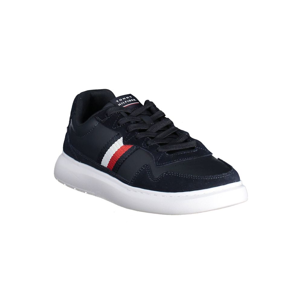 Tommy Hilfiger Blue Leather Men Sneaker with stylish design and iconic logo, perfect blend of sophistication and athletic charm.