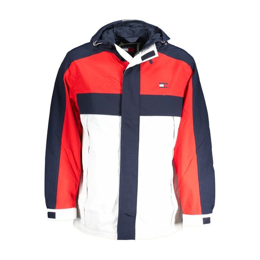 Tommy Hilfiger Blue Polyamide Men Jacket with hood and logo, featuring recycled nylon, contrasting details, external and internal pockets.
