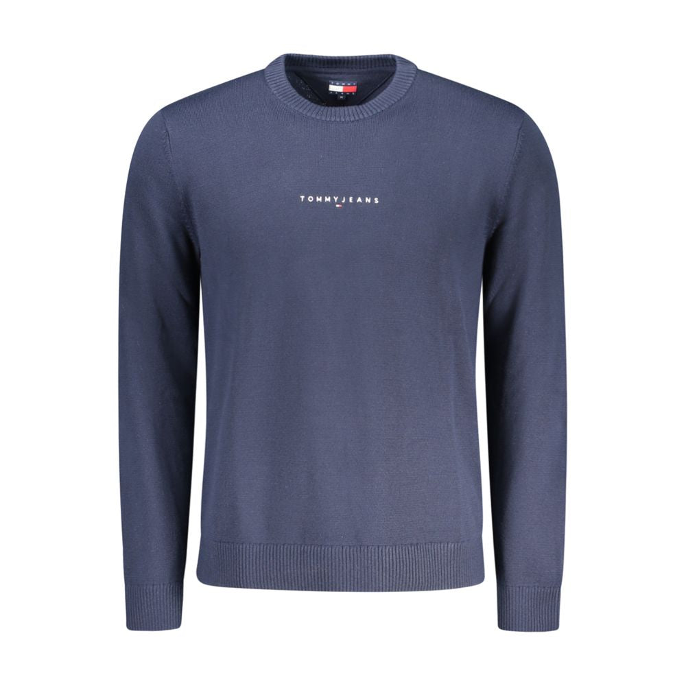 Alt Tag: Tommy Hilfiger Blue Polyester Men Sweater with embroidered logo and crew neck, crafted from eco-friendly materials for sustainable style.