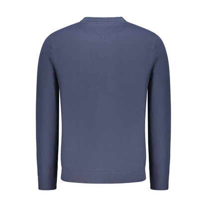 Back view of Tommy Hilfiger Blue Polyester Men Sweater with long sleeves and ribbed cuffs.