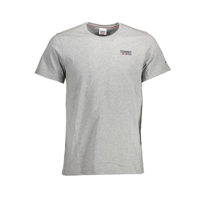 Tommy Hilfiger Brown Cotton Men T-Shirt, organic cotton short-sleeve, crew neck, modern luxury with iconic logo on grey tee.