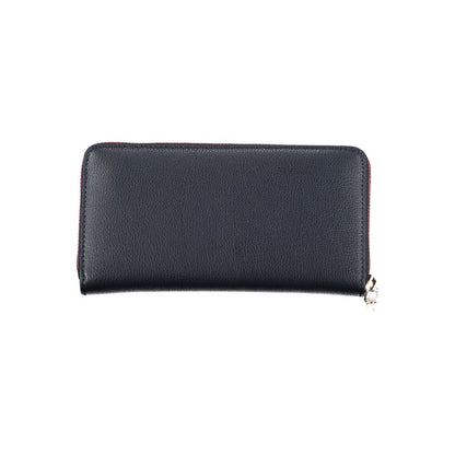 Tommy Hilfiger Elegant Blue Designer Wallet with zip closure and five compartments, showcasing sleek and modern style.
