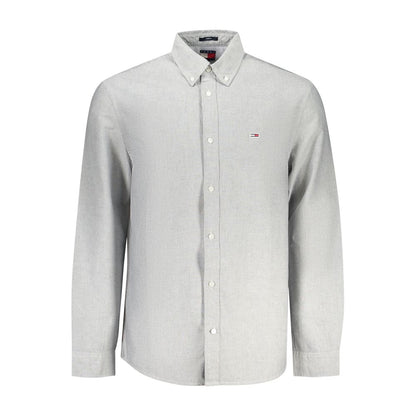 Tommy Hilfiger Gray Cotton Men Shirt with long sleeves and button-down collar, featuring Tommy Hilfiger logo embroidery.