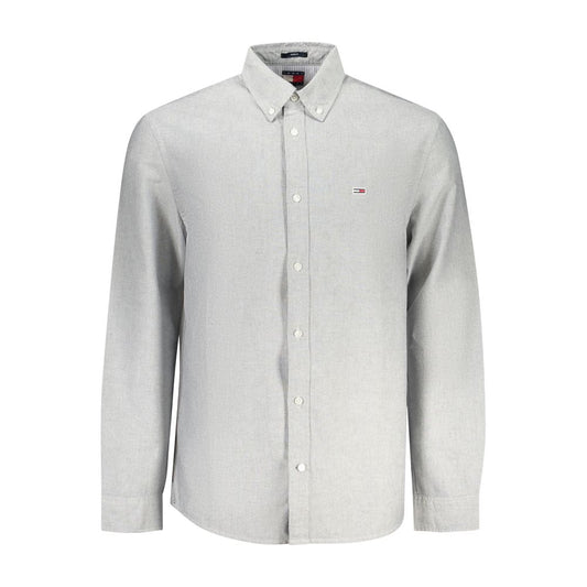 Tommy Hilfiger Gray Cotton Men Shirt with button-down collar and signature logo embroidery, eco-conscious design, classic style.