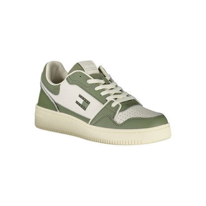 Tommy Hilfiger Green Leather Men Sneaker with white accents and logo, showcasing modern design and removable footbed.