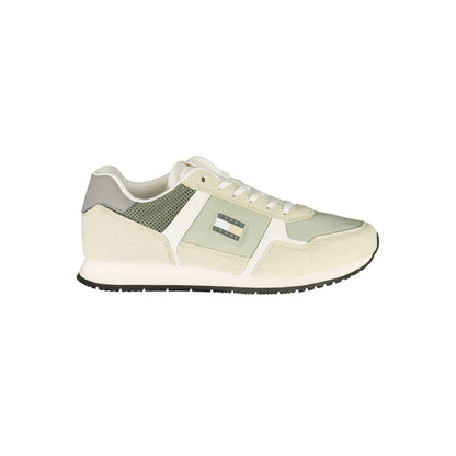Tommy Hilfiger Green Polyester Men Sneaker with contrasting details and iconic logo, designed for comfort and style.