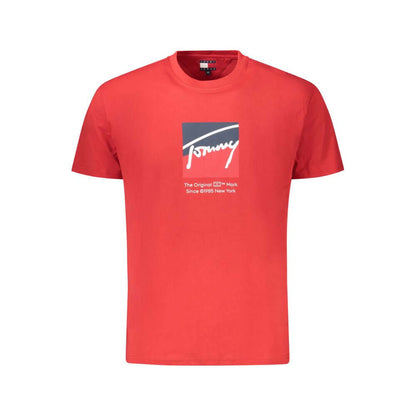 Tommy Hilfiger Red Cotton Men T-Shirt with bold logo print, sustainable fashion, timeless style, made from 95% regenerative cotton.