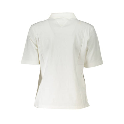 Back view of Tommy Hilfiger White Cotton Polo Shirt, featuring short sleeves, 5 buttons, embroidery, logo, and 95% organic cotton.