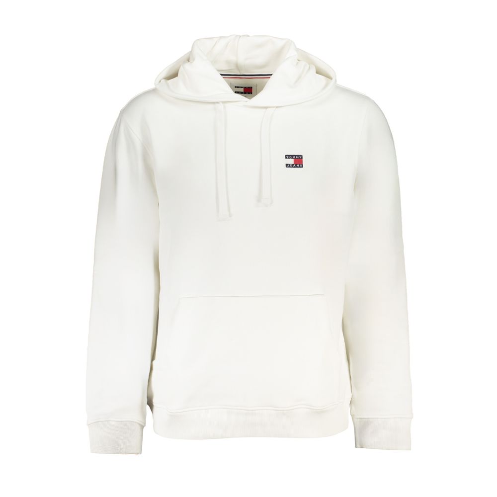 Alt Tag: Tommy Hilfiger White Cotton Sweatshirt with hood and logo, fleece material, long sleeves, and central pocket.