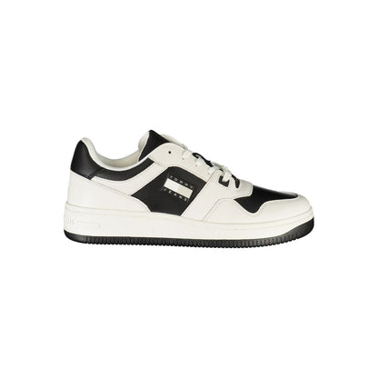 Tommy Hilfiger White Leather Mens Sneaker with black details, featuring a lace-up design and logo, perfect for style and comfort.