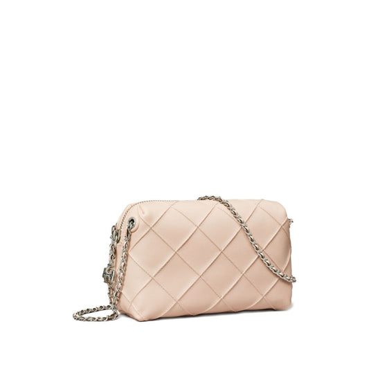 Light pink Tory Burch Fleming leather crossbody bag with diamond quilted design and adjustable chain strap