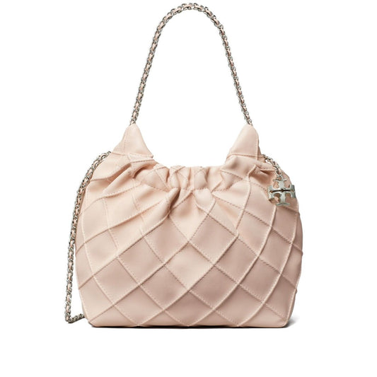 Tory Burch Fleming mini leather hobo bag in pale pink with quilted design and chain-link shoulder strap, featuring detachable charm.