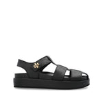 Tory Burch Sandals Black with multiple straps, logo detail, cushioned sole, open toe, flat base, Kira Fisherman Sport leather sandals.