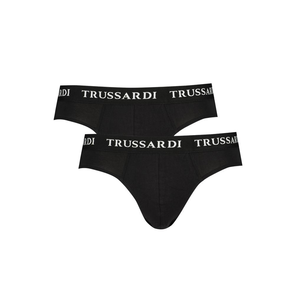 Trussardi Black Cotton Underwear with elastic waistband and logo, basic slip design in a bi-pack.