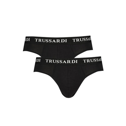 Trussardi Black Cotton Underwear with elastic waistband and logo, basic slip design in a bi-pack.