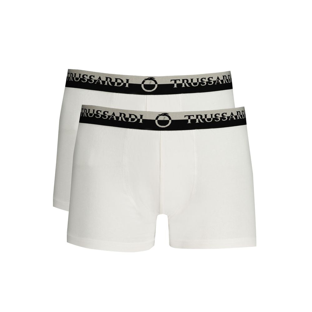 Trussardi White Cotton Underwear featuring bi-pack boxer with elastic waist and logo print. High-quality comfortable design.
