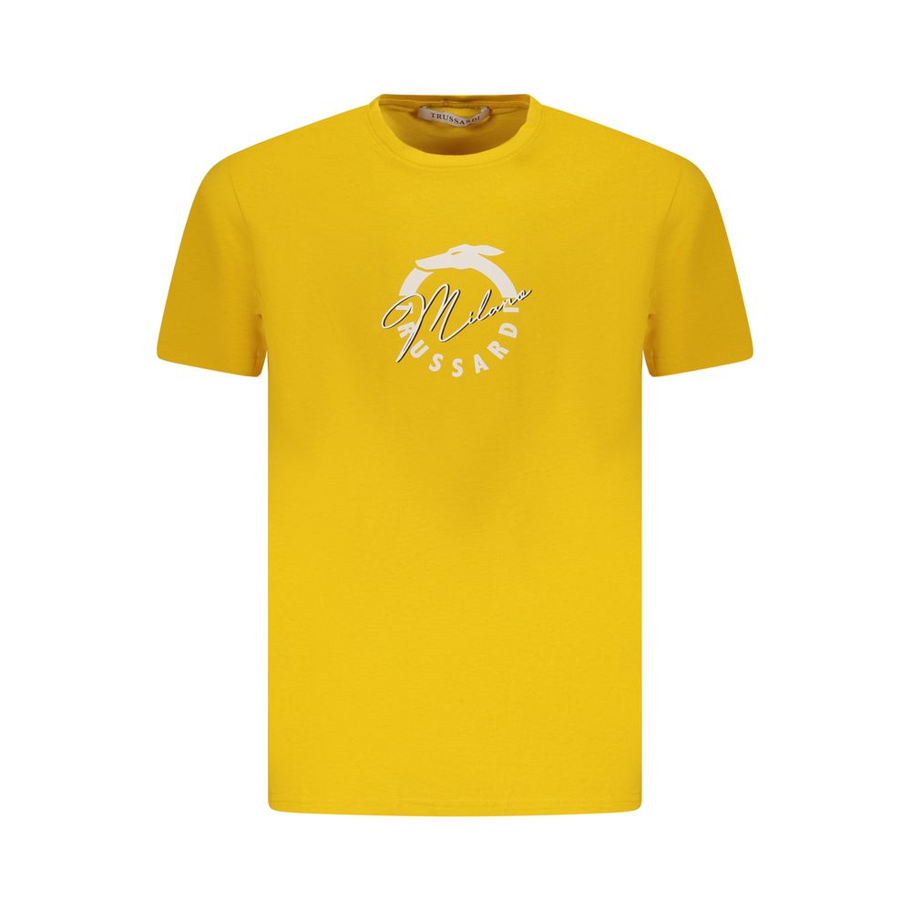 Trussardi Yellow Cotton Men T-Shirt with bold print and logo, short sleeve casual chic, soft comfortable cotton, fashion-forward design.