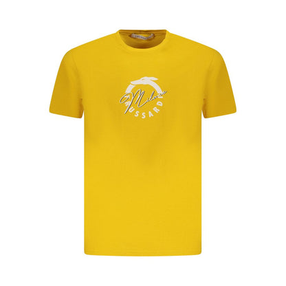 Trussardi Yellow Cotton Men T-Shirt with bold print and logo, short sleeve casual chic, soft comfortable cotton, fashion-forward design.