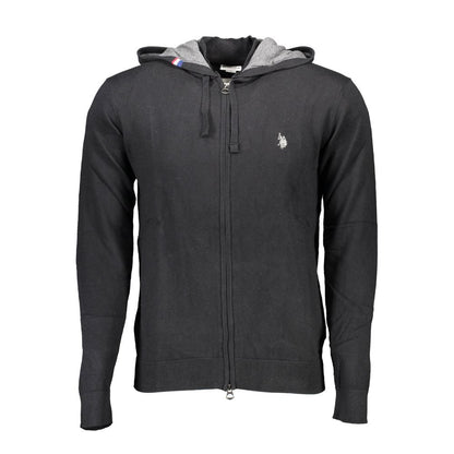 U.S. POLO ASSN. Black Cotton Mens Cardigan with zip closure and hood, featuring iconic logo embroidery, crafted for style and comfort.