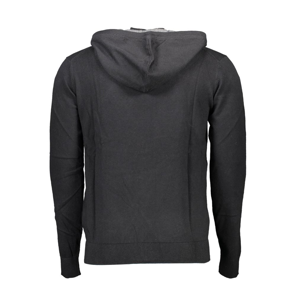 Back view of U.S. POLO ASSN. Black Cotton Mens Cardigan with hood and long sleeves, showcasing sleek design and premium fabric.