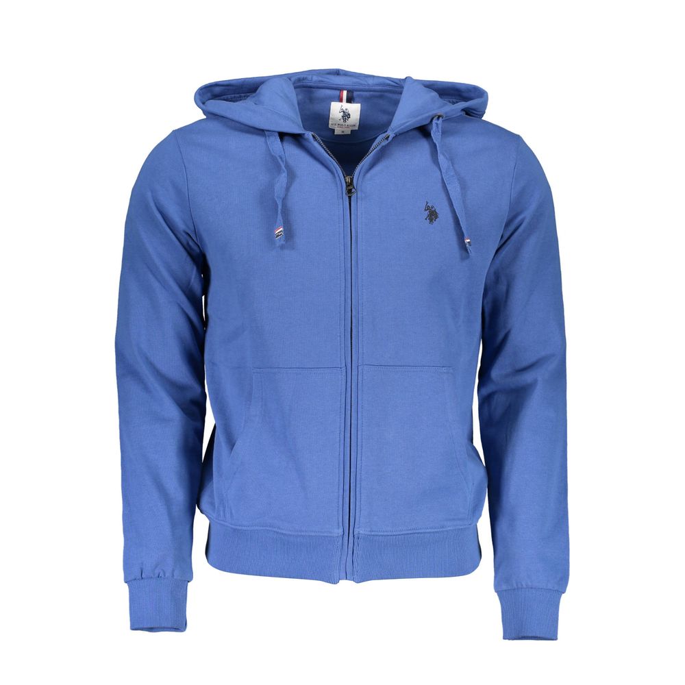 U.S. POLO ASSN. Blue Cotton Men Sweater featuring long sleeves, hood, zip-up front, and signature embroidery with logo.
