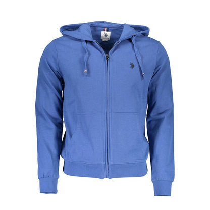 U.S. POLO ASSN. Blue Cotton Men Sweater featuring long sleeves, hood, zip-up front, and signature embroidery with logo.