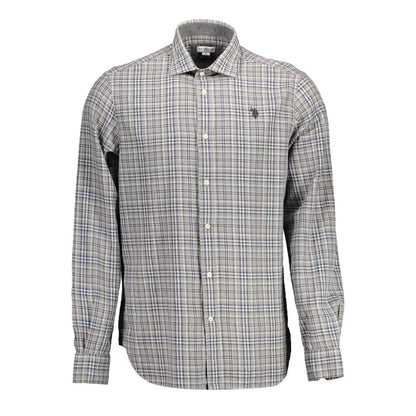 U.S. POLO ASSN. Brown Cotton Men Shirt with a checkered pattern and embroidered logo, elegant long sleeve French collar style.