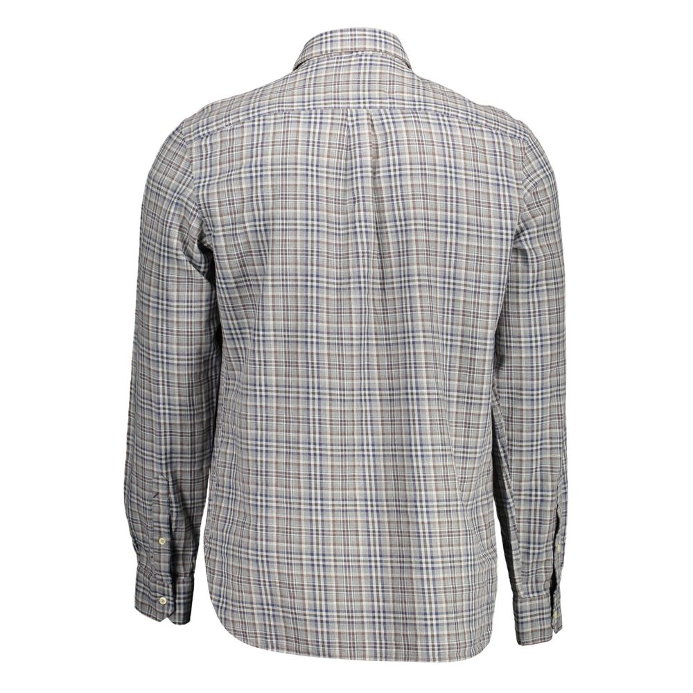 Back view of U.S. POLO ASSN. Brown Cotton Men Shirt with plaid design, long sleeves, and seamless transition for business casual style.