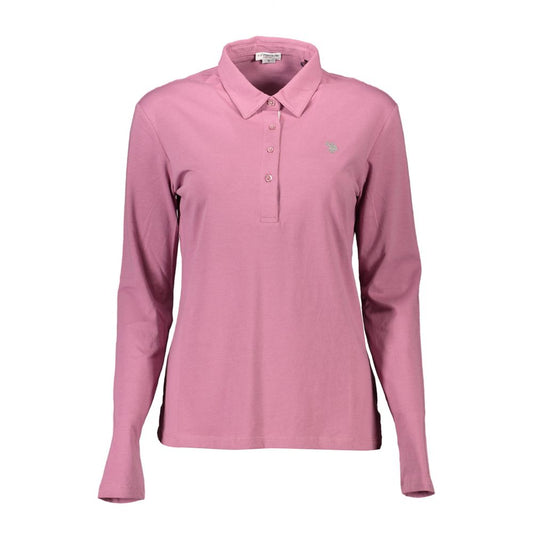 U.S. POLO ASSN. Pink Cotton Women Polo Shirt, long-sleeved with embroidery and logo, made from a cotton-elastane blend for comfort and style.