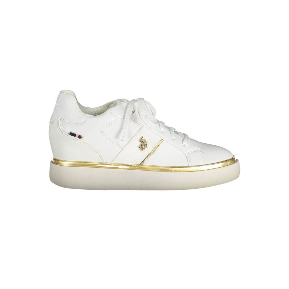 U.S. POLO ASSN. White Polyester Women Sneaker with gold accents, perfect for active lifestyle, featuring luxury logo and sporty design.