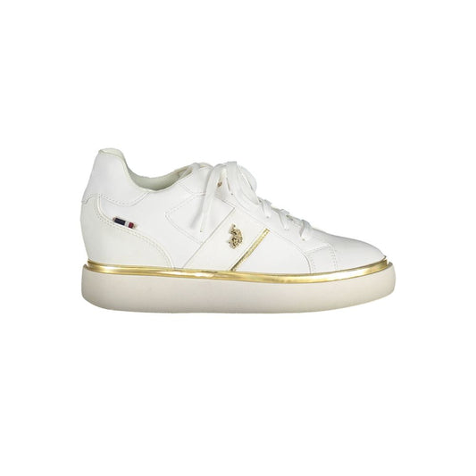 U.S. POLO ASSN. White Polyester Women Sneaker, elegant lace-up sports shoes with gold accents and logo, perfect for active lifestyle.