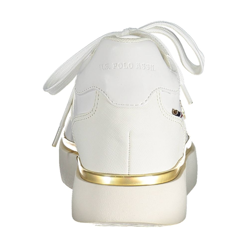 Back view of U.S. POLO ASSN. White Polyester Women Sneaker with gold detailing and iconic logo.