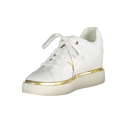 U.S. POLO ASSN. White Polyester Women Sneaker with gold accents, stylish design for modern women, perfect for active lifestyle and elegance.