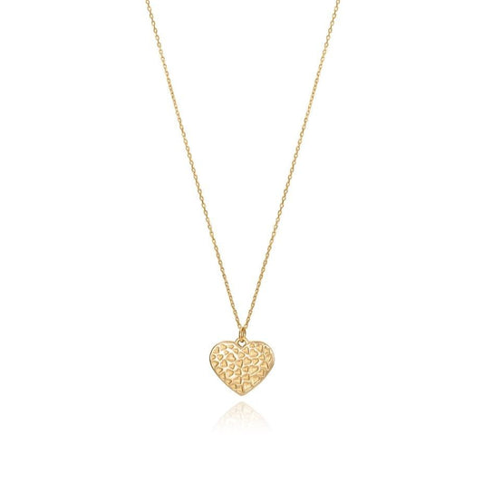 Heart-shaped gold necklace pendant on a thin chain with a delicate pattern, showcasing elegant design jewelry piece.