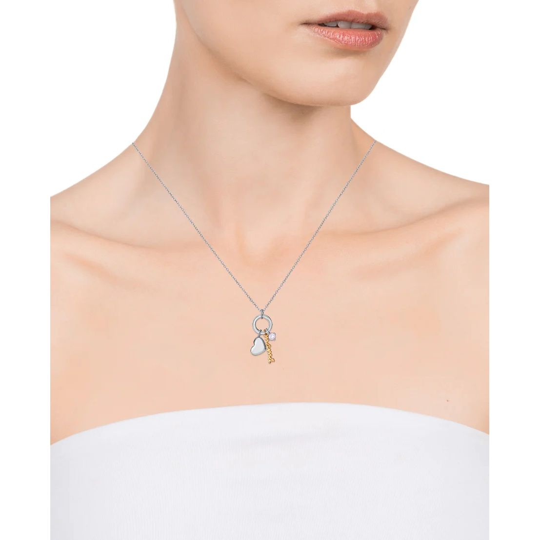 Lady wearing VICEROY JEWELS Mod. 13151C000-30 necklace with silver pendant, mineral dial, quartz movement. Elegant jewelry for women.