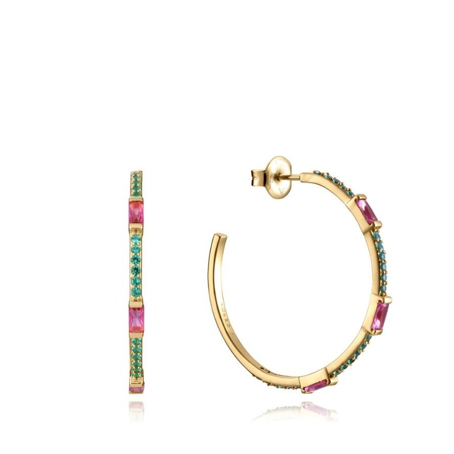 Gold hoop earrings with pink and green gemstones, side and front views. Elegant design for women.