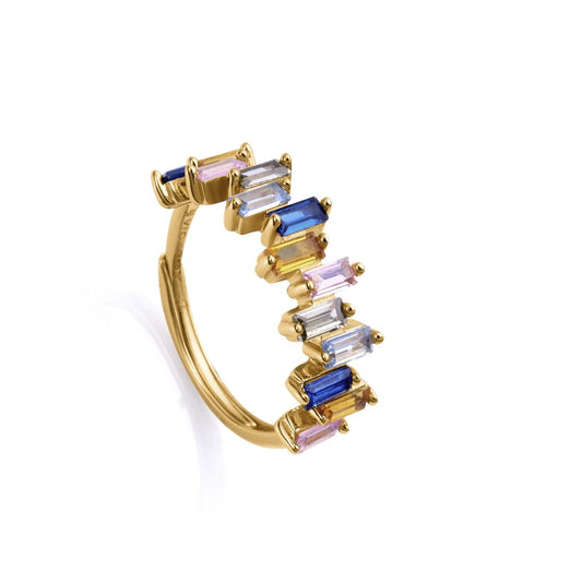 Elegant gold ring with multicolored gemstones in a stacked design