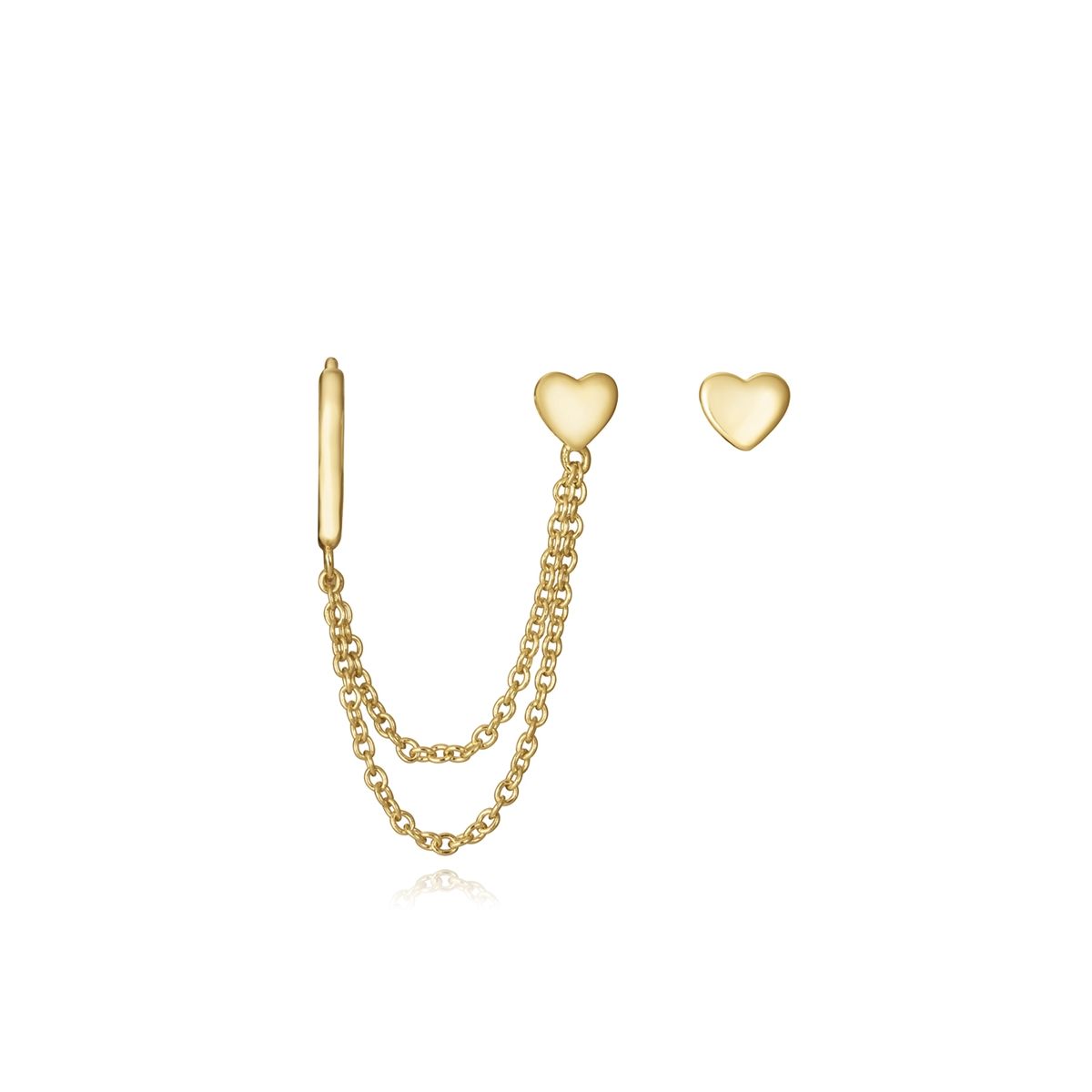 Gold heart chain earrings with minimal design on white background