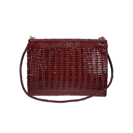 Burgundy woven VIPERA Saba handbag with zip closure, leather strap, and internal pocket; measures 35cm by 25cm. Stylish and versatile.