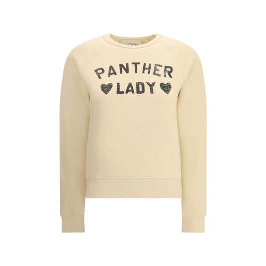 Valentino Beige Cotton Sweatshirt with Panther Lady graphic, ribbed crew neck, cuffs, and hem, offering a casual and sophisticated style.