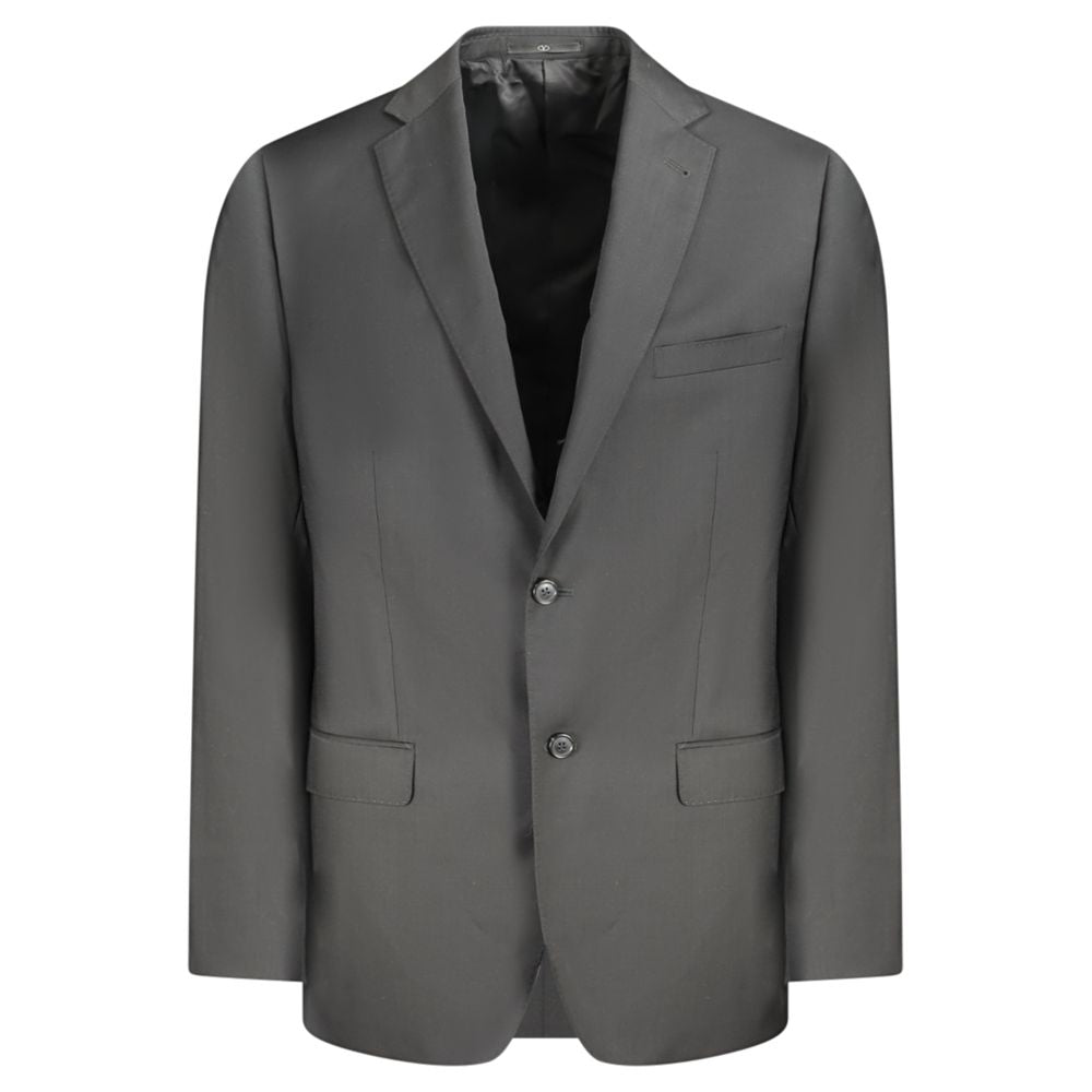 Valentino Black Wool Men Jacket with classic cut, sharp lines, and multiple pockets for style and functionality.